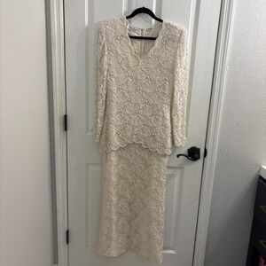 VTG Laurence Kazar Beaded Ivory Dress Elegant Pearl Floral Lace Formal Wedding